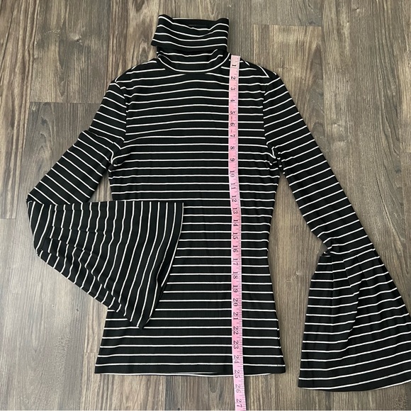 Paige Kenzie Black and White Stripe Modal Turtleneck Bell Sleeve Ribbed Shirt - Picture 13 of 13